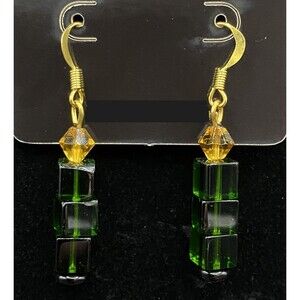 Handmade Candle Yellow Crystal Green & Black Glass Bead Earrings by Neanie-Bot